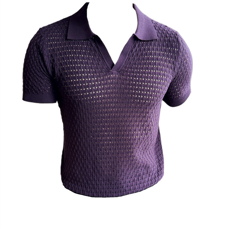 夏季满足你要的清凉~镂空针织短袖T恤V领Polo衫紫色PL8203-P58，男装Polo衫，电商A213