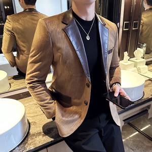 潮男帅气拼皮西服外套肌理感鹿皮绒西装厚款黑色DX8813-P165图片