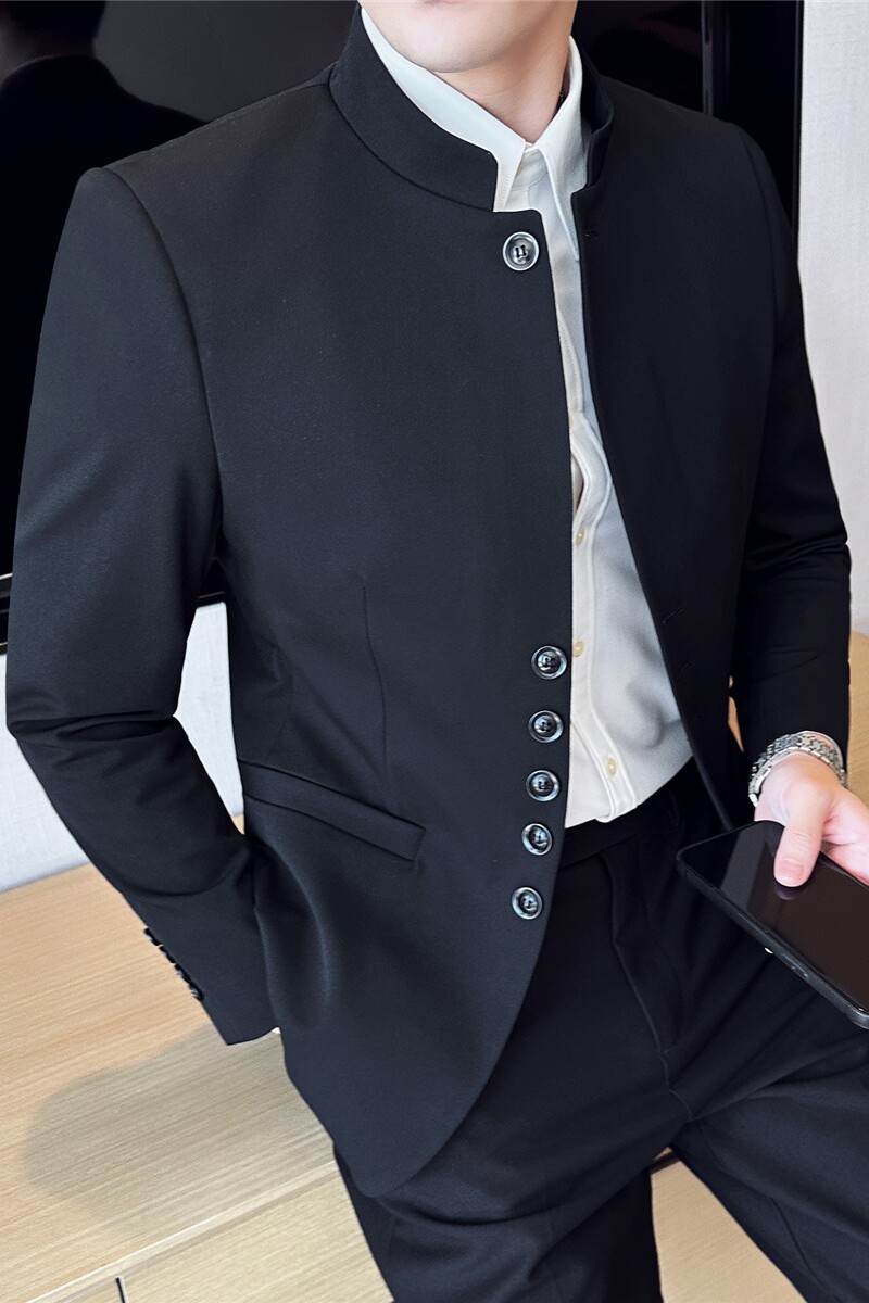 新中式立领西装两件套男高级感修身纽扣装饰西服套装LJT119-P203图片