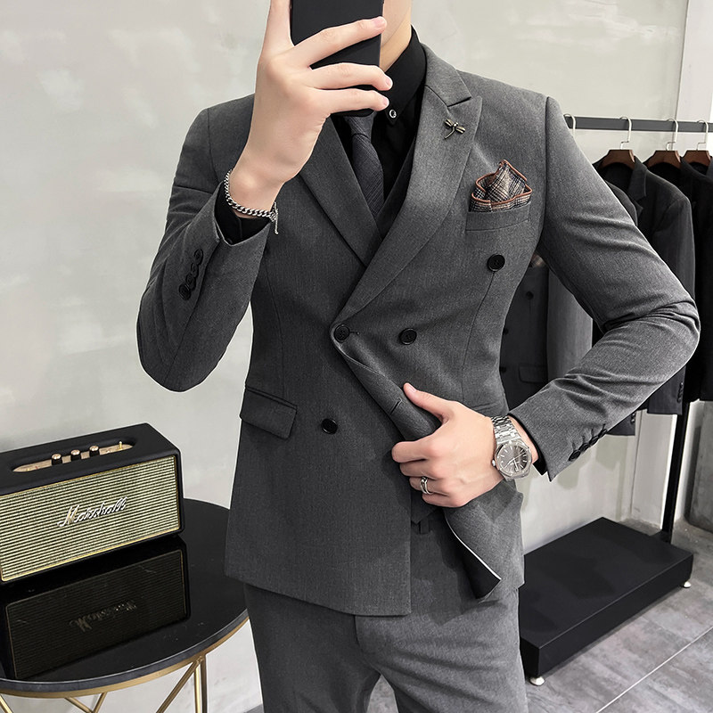 大码西服套装双排扣西装三件套男修身纯色西服中灰色SJT305/P275,男装西服套装,电商A213