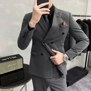 大码西服套装双排扣西装三件套男韩版修身纯色西服SJT305/P275图片