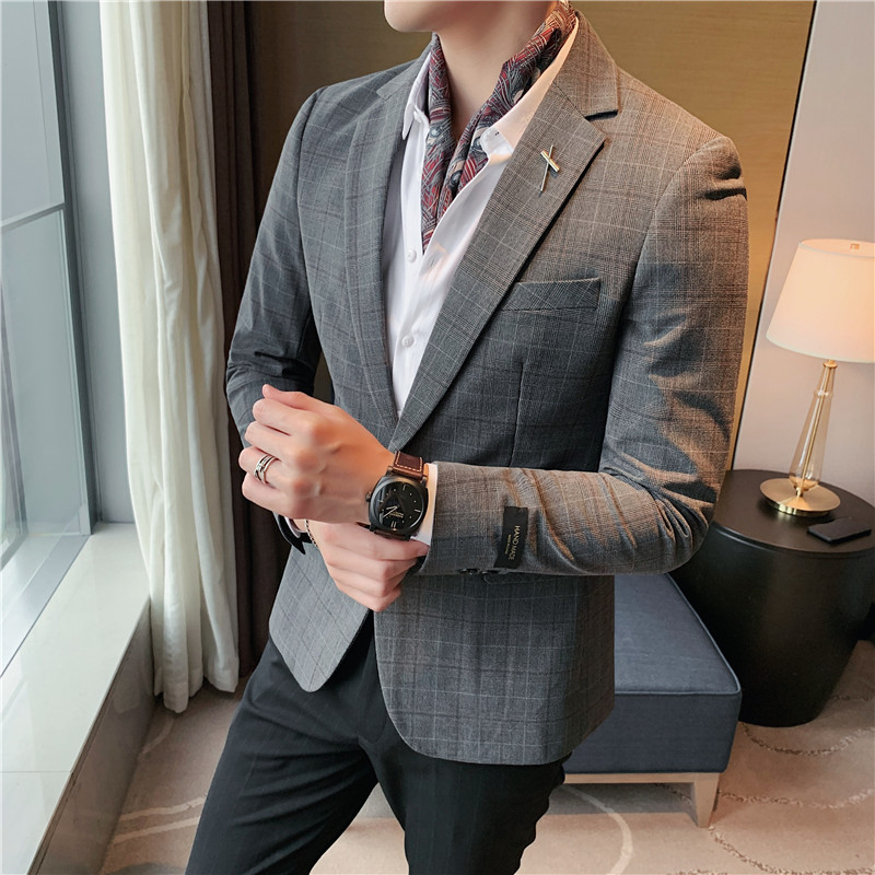 长期做男士格子西装外套修身西服上衣男单西外套帅气DX873/P155,男装西服套装,电商A213