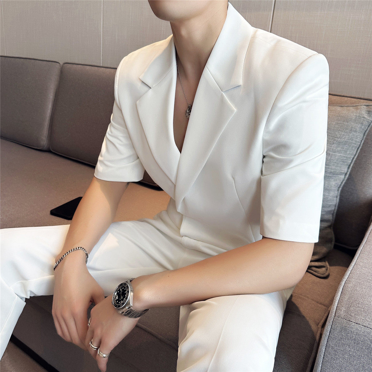 送皮带~潮人穿搭~夏装男宽松西装两件套短袖西服黑色LJT5503-P220,男装T恤,电商A213
