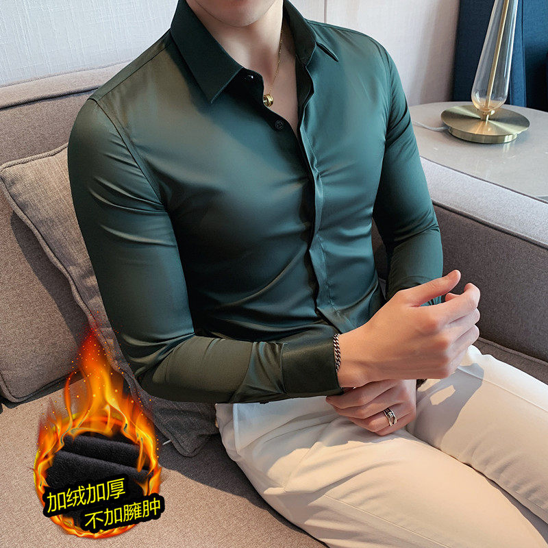 高级感加厚加绒长袖衬衫男纯色暗扣修身长袖衬衣黑色JR6637-P65图片