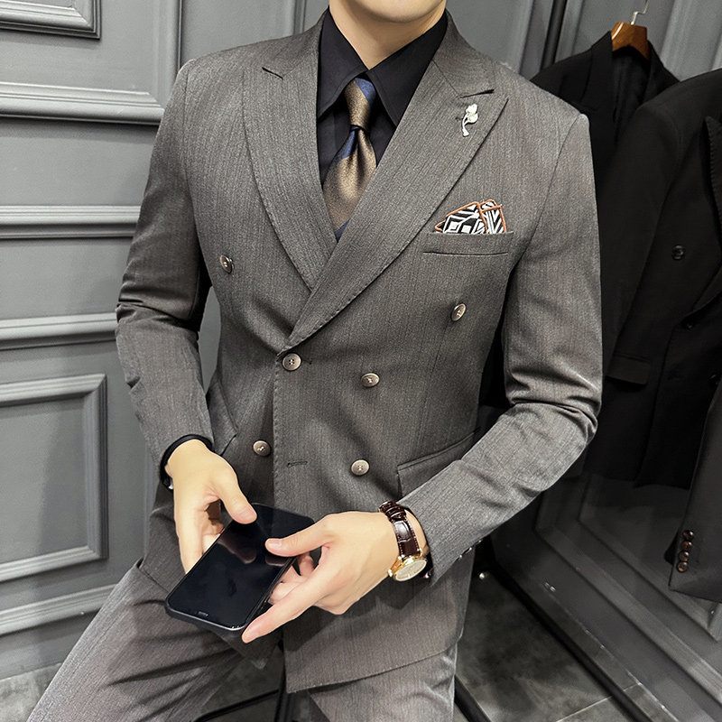 高级感色织西服戗驳领双排扣条纹西装三件套男深灰色SJT8020-P275,男装西服套装,电商A213