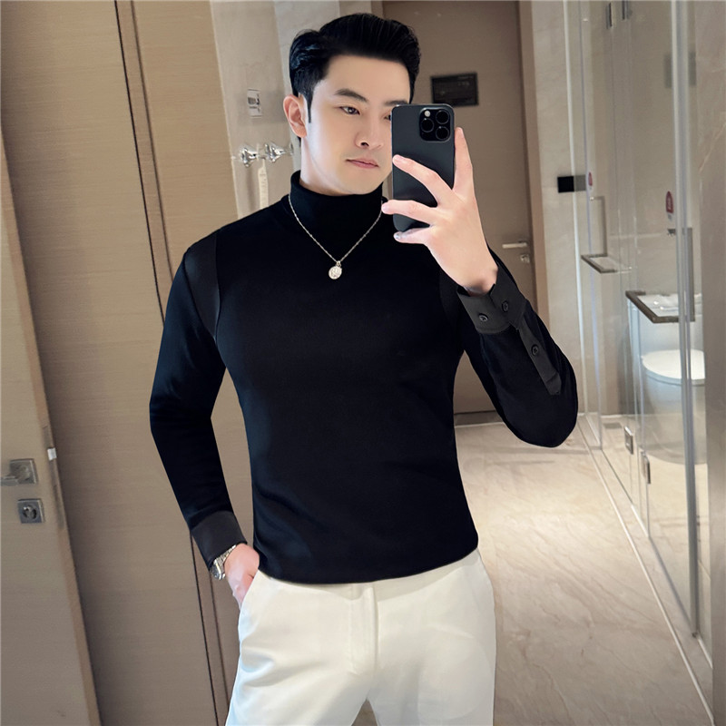 可翻高领拼接长袖T恤男秋冬加厚加绒弹力打底衫修身体恤JR090-P65,男装T恤,电商A213