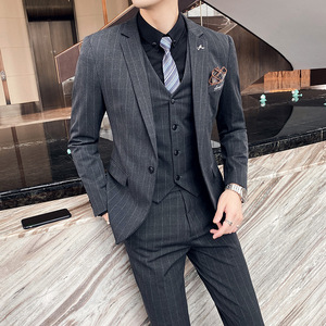 刺绣西装男套装韩版修身潮流条纹三件套休闲西服深灰SJT107/P255图片