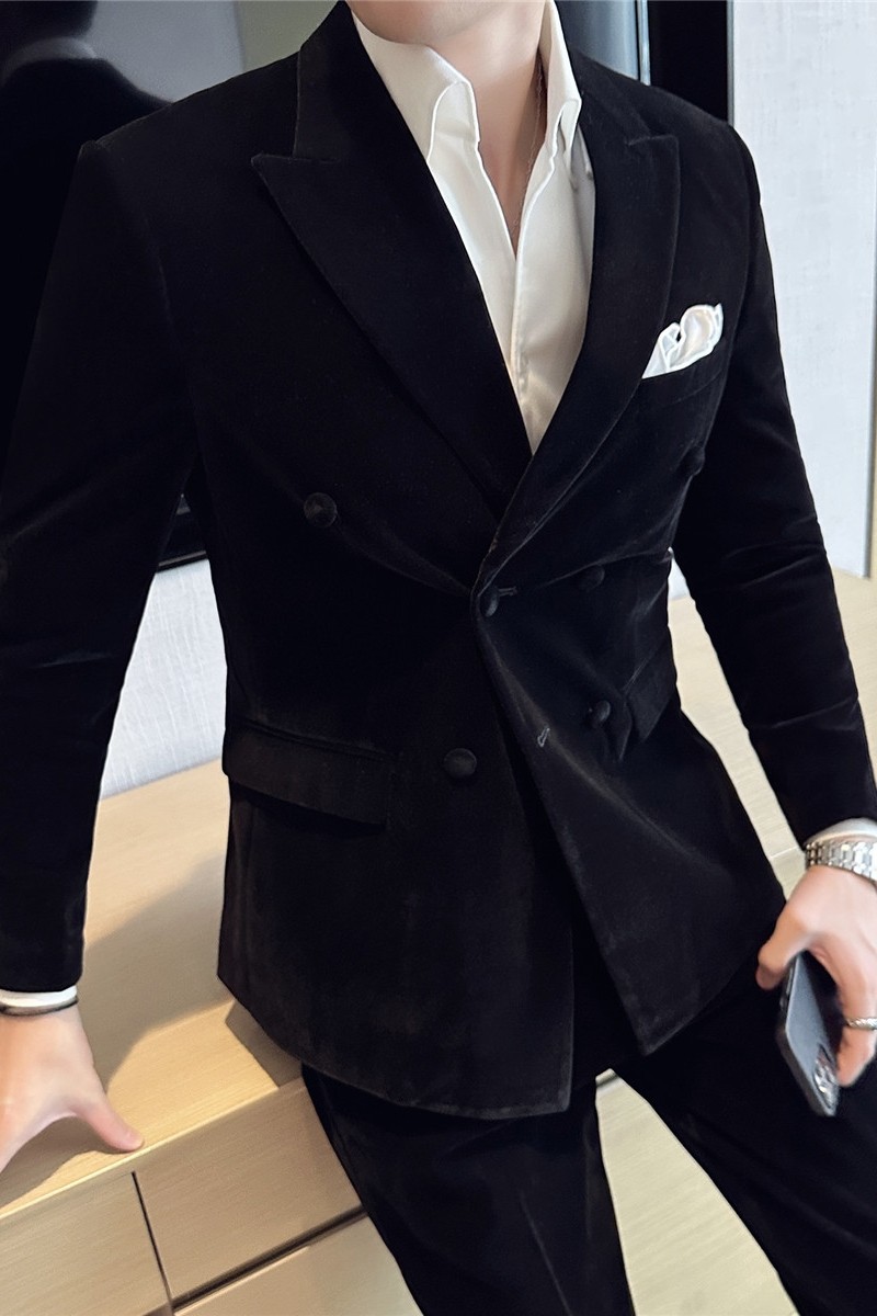 帅气戗驳领双排扣男礼服丝绒西装两件套结婚西服套装LJT947-P235,男装西服套装,电商A213