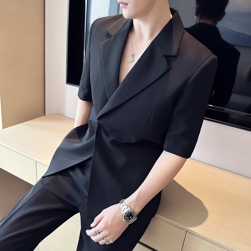 送皮带~潮人穿搭~夏装男宽松中袖西装两件套短袖西服LJT5503-P220,男装T恤,电商A213