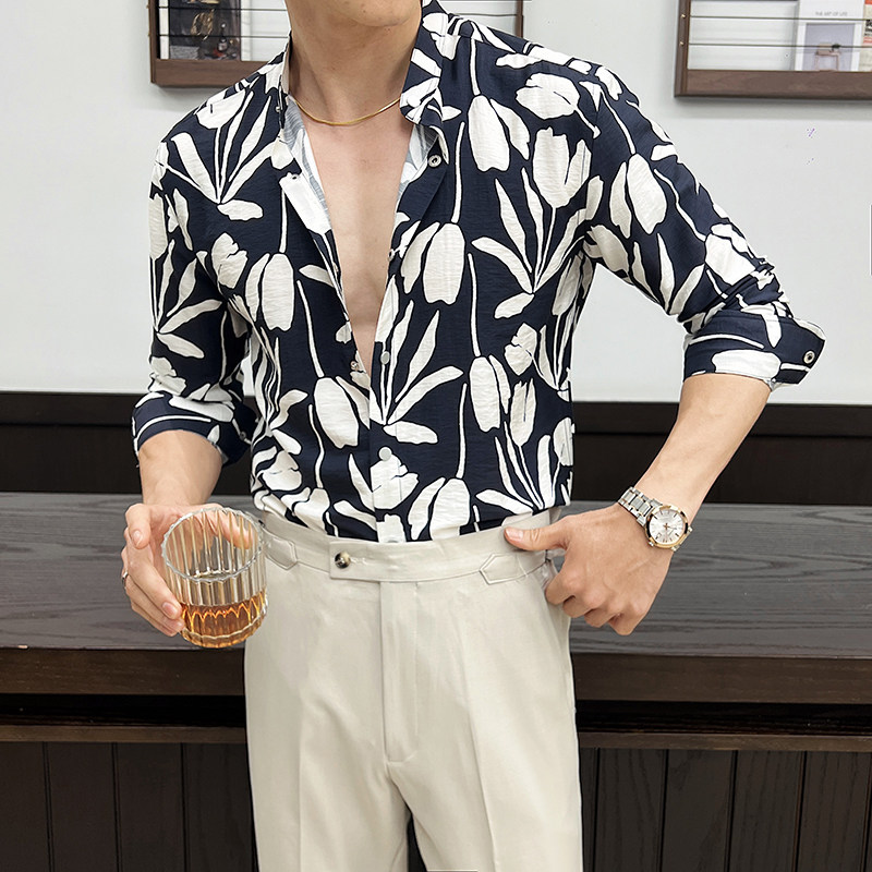 高级感莱赛尔天丝时尚帅气肌理感花衬衫男长袖衬衣黑色C2415-P67图片