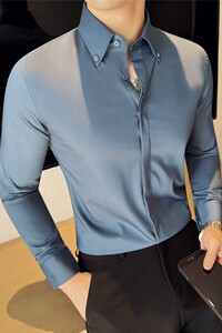 高级感品质面料竹纤维大领扣领衬衣男商务休闲长袖衬衫CXT33-P63图片