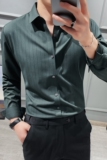 高品质轻奢商务暗条纹无痕衬衫免烫衬衣男长袖衬衫绿色C6012-P83，男装衬衫，电商A213