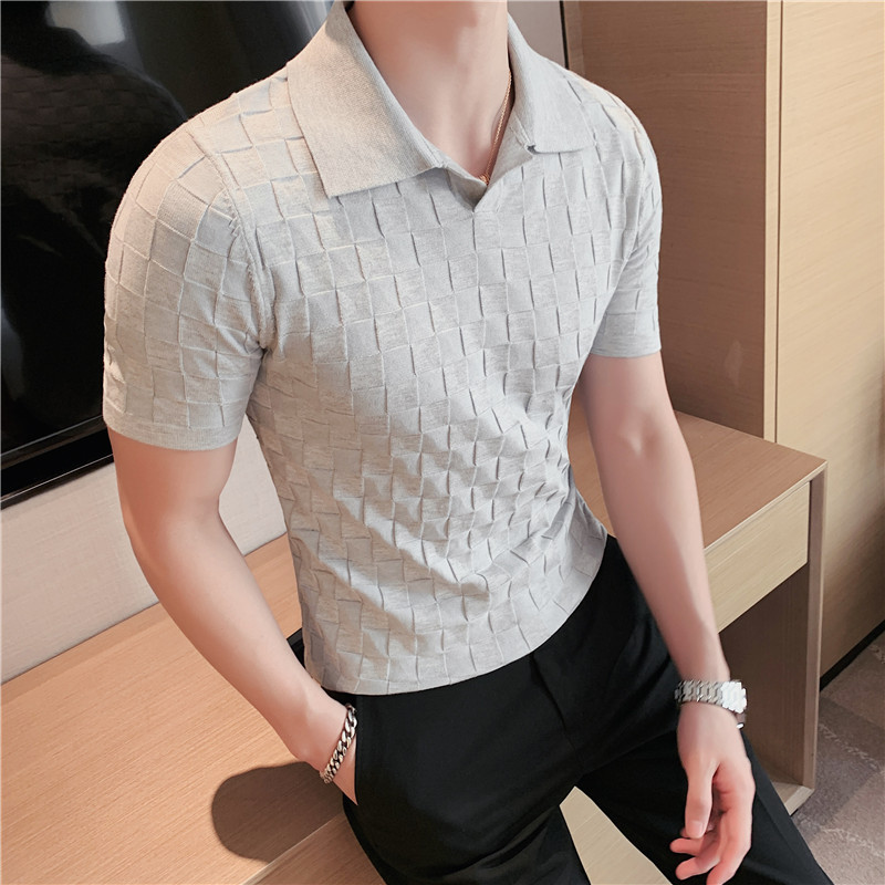 夏季格子短袖T恤性感V领针织Polo衫弹力修身翻领绿色PL9736-P60,男装T恤,电商A213