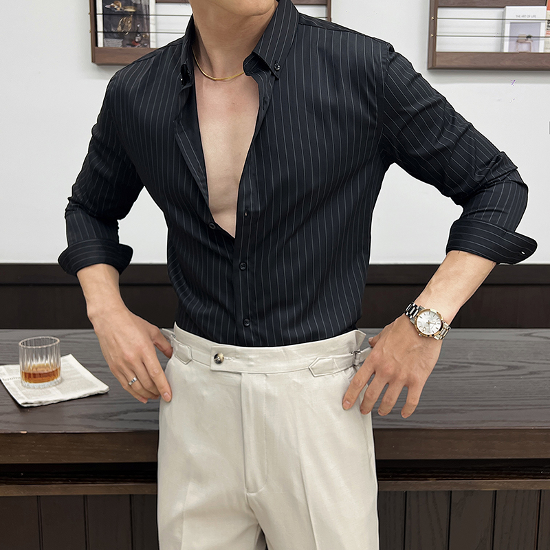 2025春装新款男质感条纹衬衫修身高级感长袖衬衣蓝色C5515-P65，男装衬衫，电商A213