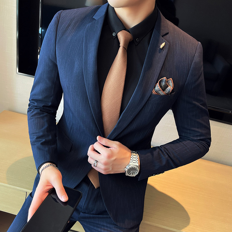 新增咖啡色虚线条纹西装套装男修身西服两件套黑色LJT109/P210,男装西服套装,电商A213