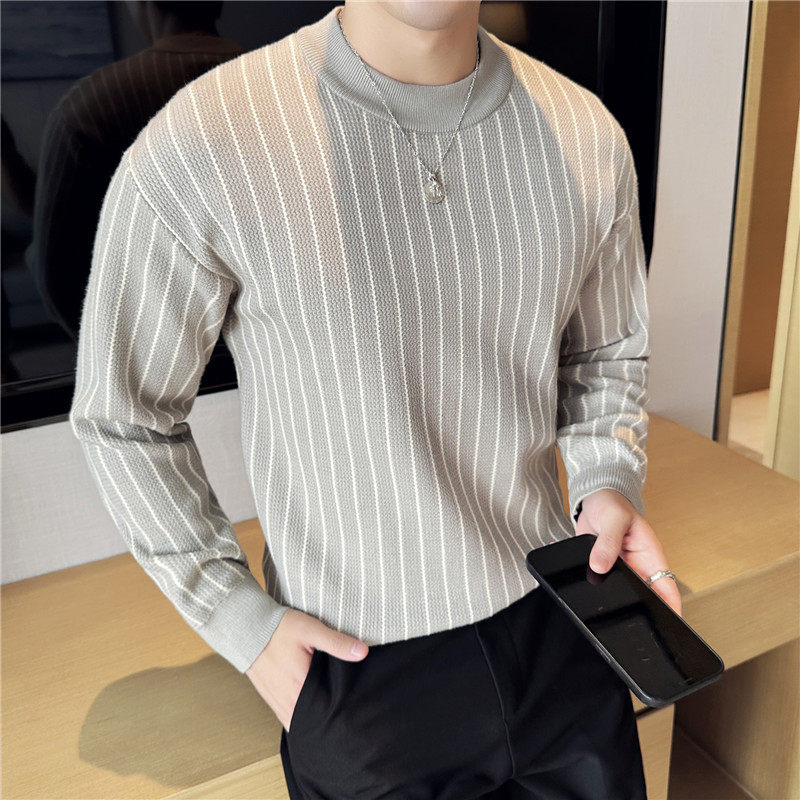 高级感秋冬宽松加厚圆领条纹毛衣外套针织衫男装黑色M8860-P78,男装针织衫/毛衣,电商A213