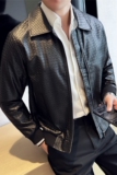 高级感翻领皮衣休闲外套男士网格编织皮夹克黑色JK7202-P143，男装夹克，电商A213
