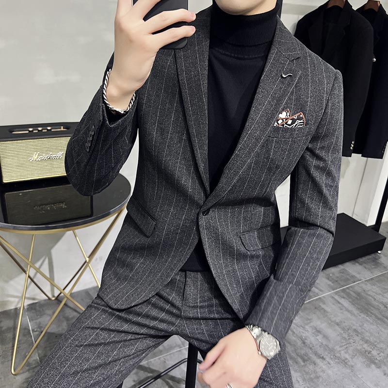 条纹毛呢休闲西装外套男修身韩版秋冬加厚款西服套装LJT6953-P230,男装西服套装,电商A213