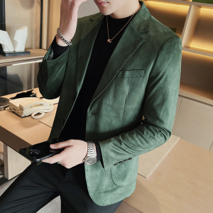 男高级感鹿皮绒厚款西服外套修身时尚西装单西上衣墨绿DX942-P145图片
