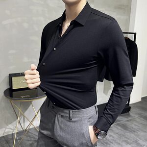 高级感弹力无痕压胶坠感丝滑长袖衬衫男修身衬衣黑色C6018-P78图片