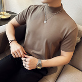 高品质~半高领短袖t恤男纯棉宽松中领纯色打底衫咖啡色TU278-P47，男装T恤，电商A213