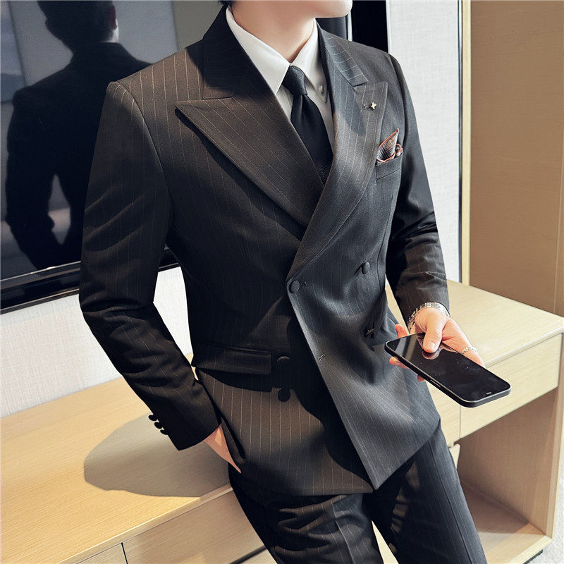 厚款大戗驳领双排扣西服拉伸腰围西裤条纹西装三件套SJT2082-P285图片