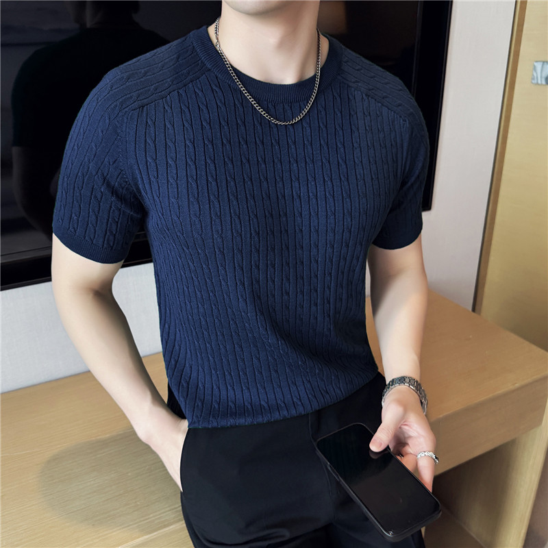 新增藏青色冰丝时尚麻花针织短袖T恤男弹力圆领体恤修身T8519-P58，男装T恤，电商A213