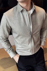 秋冬加厚磨毛保暖毛呢衬衫高级感拉链设计无痕条纹衬衣C6667-P83图片