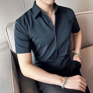 新增4XL~夏季暗门襟大领衬衫男短袖帅气商务休闲男衬衣C2303-P58图片