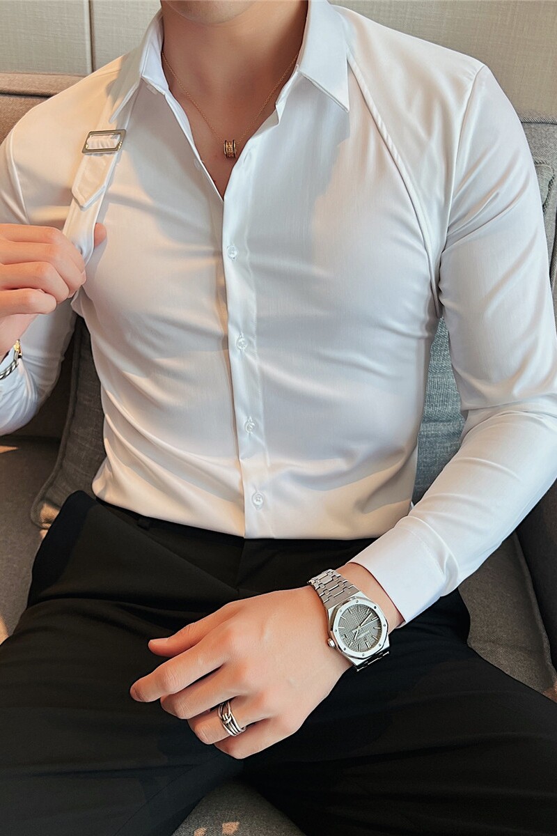 新图~网红背带装饰设计感衬衫男长袖帅气休闲痞帅衬衣C6602-P75,男装衬衫,电商A213