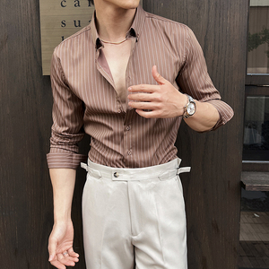 2025春装新款男质感条纹衬衫修身高级感长袖衬衣蓝色C5515-P65
