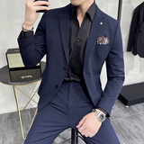 男士薄款戗驳领两粒扣单排扣双开叉西装两件套藏青色LJT505-P210，男装西服套装，电商A213