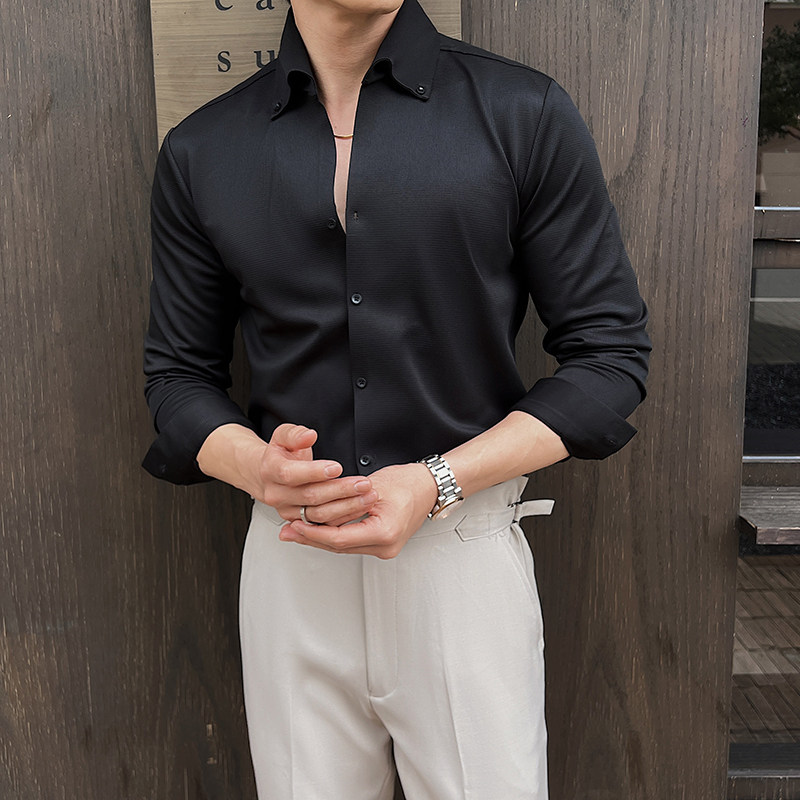 2025春装新款高级感华夫格V领衬衫男长袖无痕垂感衬衣C6636-P78,男装衬衫,电商A213