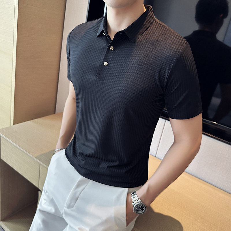暗条纹高弹冰丝翻领无痕T恤男士短袖POLO衫蓝色PL06-P60,男装T恤,电商A213