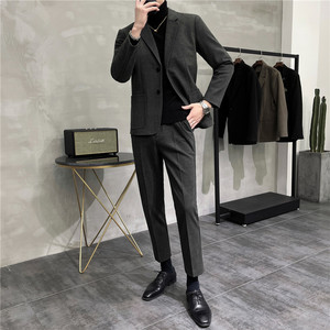 毛呢子休闲小西装外套男修身韩版秋冬加厚西服套装灰LJT208-P215图片