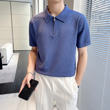 时尚斜条纹针织翻领短袖男T恤修身半拉链Polo衫男PL9761-P47，男装Polo衫，电商A213