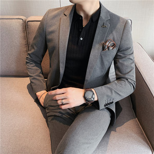 纯色小西装男修身大码两件套男商务休闲西服套装卡其LJT105/P210图片