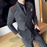 色织高品质面料西服套装戗驳领双排扣条纹西装三件套SJT8020-P275，男装西服套装，电商A213