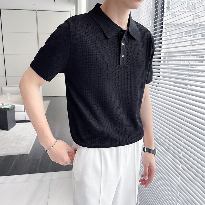 轻熟风~冰丝薄款镂空针织短袖男T恤修身洞洞Polo衫白色PL9755-P60,男装T恤,电商A213