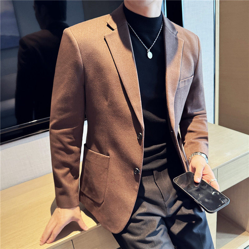 秋冬高级感加厚暗条纹毛呢西服外套休闲西装咖啡色DX8826-P147图片