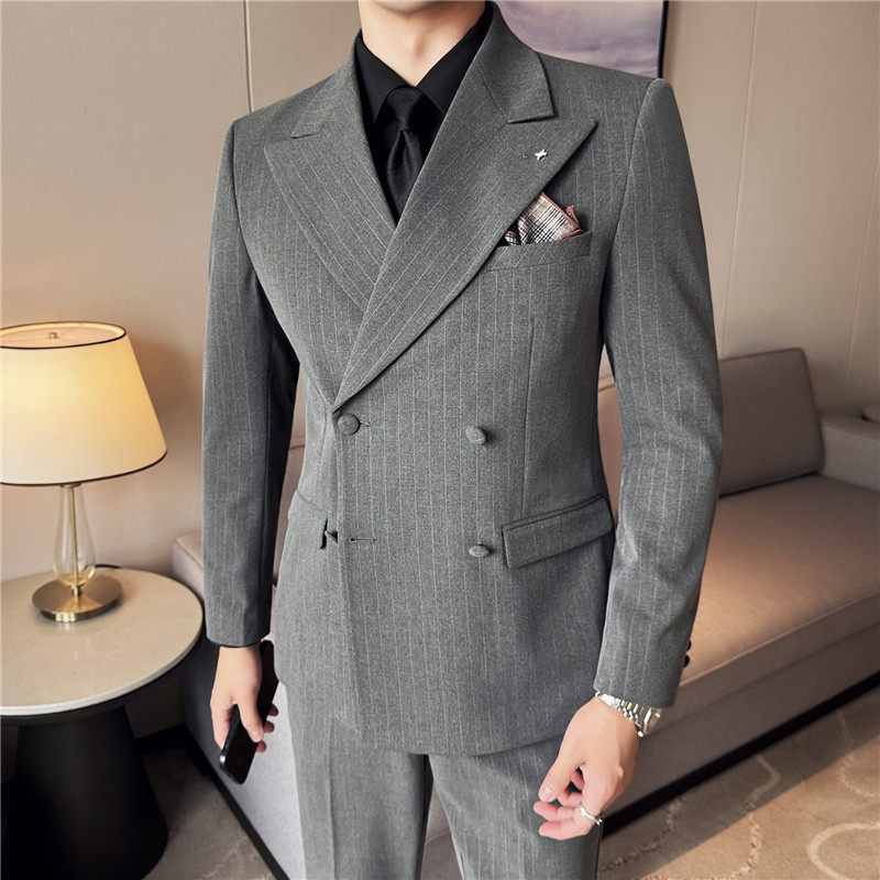 厚款大戗驳领双排扣西服拉伸腰围西裤条纹西装三件套SJT2082-P285图片