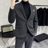 条纹毛呢休闲西装外套男修身韩版秋冬加厚款西服套装LJT6953-P230，男装西服套装，电商A213