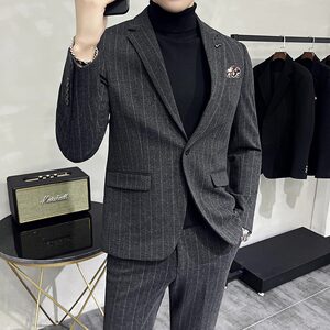 条纹毛呢休闲西装外套男修身韩版秋冬加厚款西服套装LJT6953-P230图片