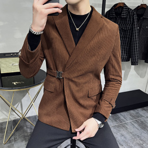 高级感男灯芯绒厚款休闲西服外套条绒西服加厚米白色DX937-P155