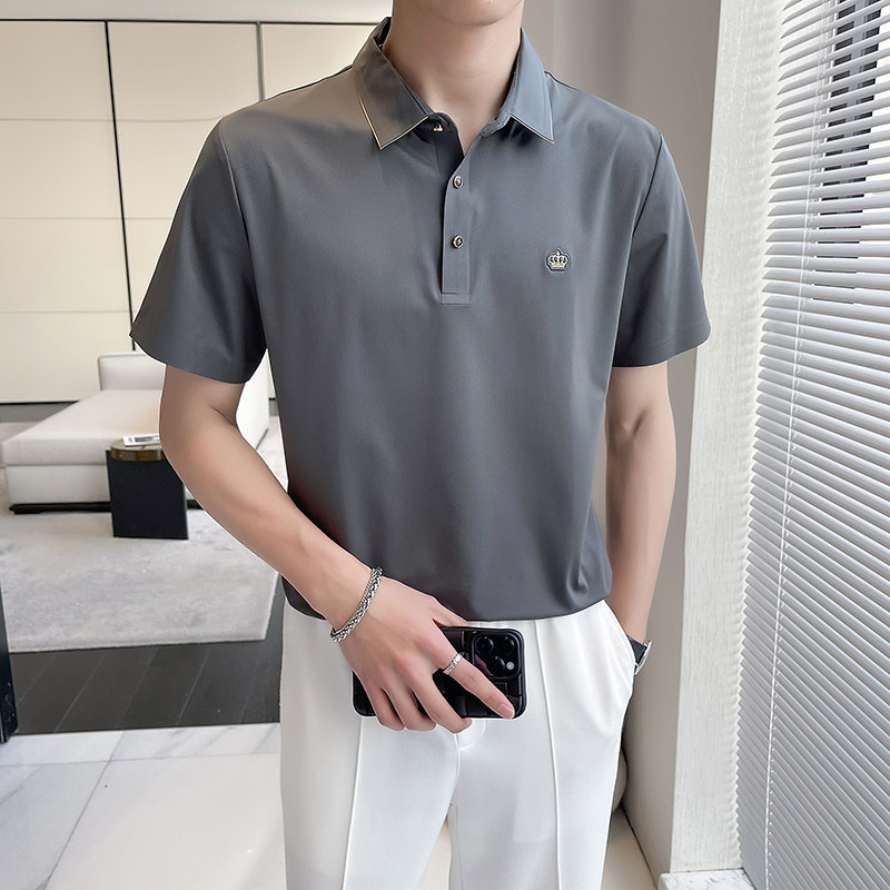 轻熟风~小金边冰丝翻领无痕T恤男士冰感短袖POLO衫灰色PL01-P70,男装T恤,电商A213