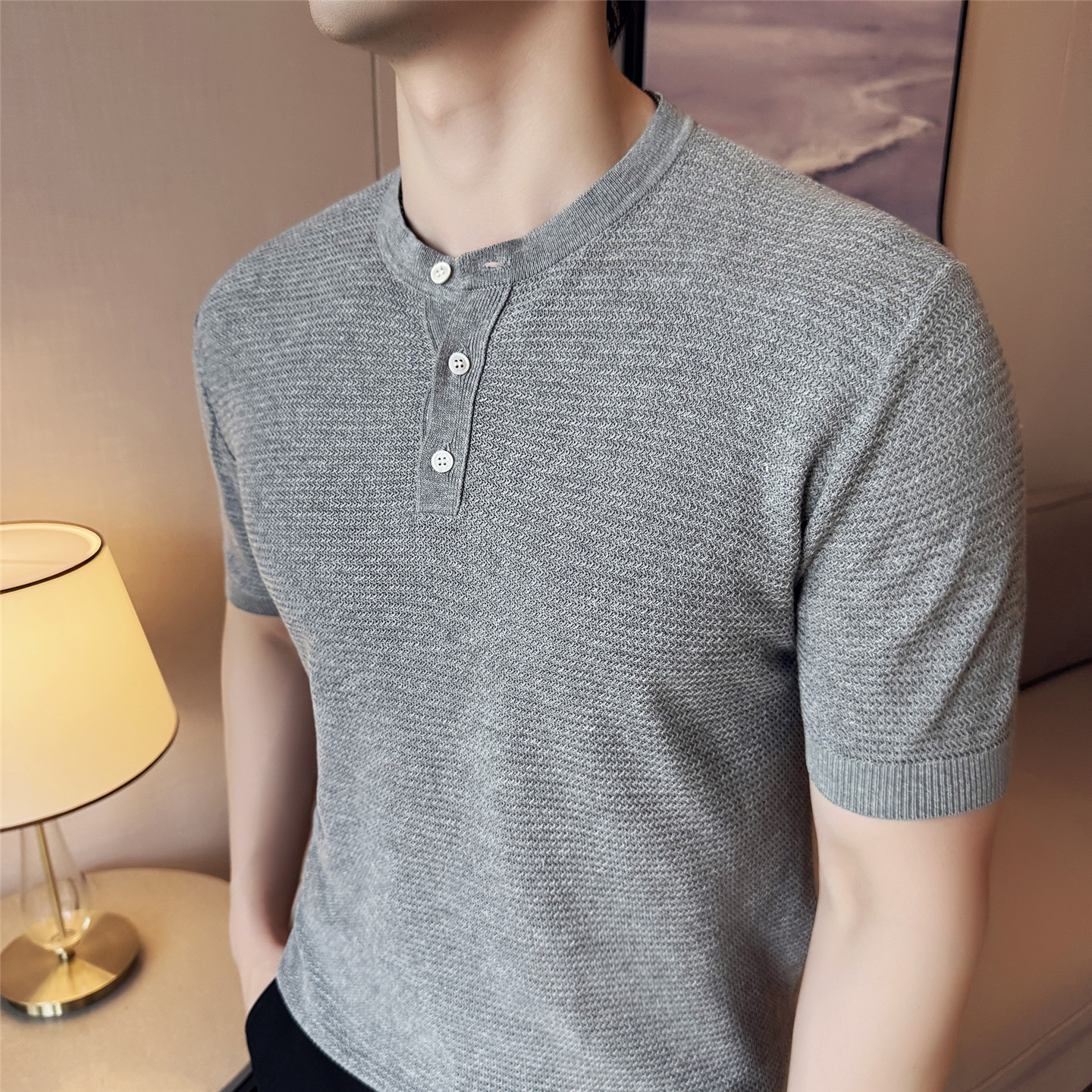 【天丝莱赛尔】老钱风亚麻短袖T恤男镂空针织亨利领灰色T8989-P67，男装T恤，电商A213