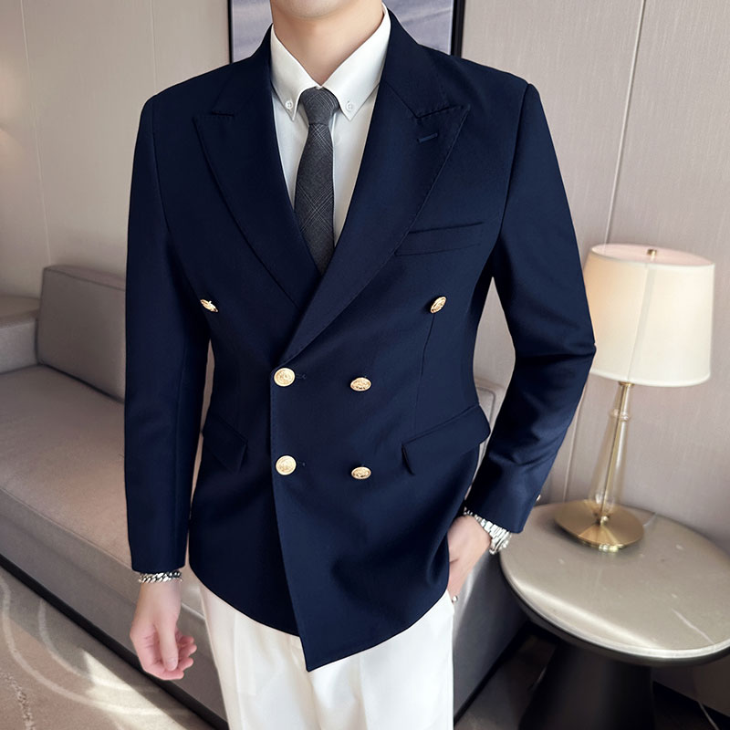 双排扣西装外套男戗驳领西服商务休闲质感单西藏青色DX10-P155图片