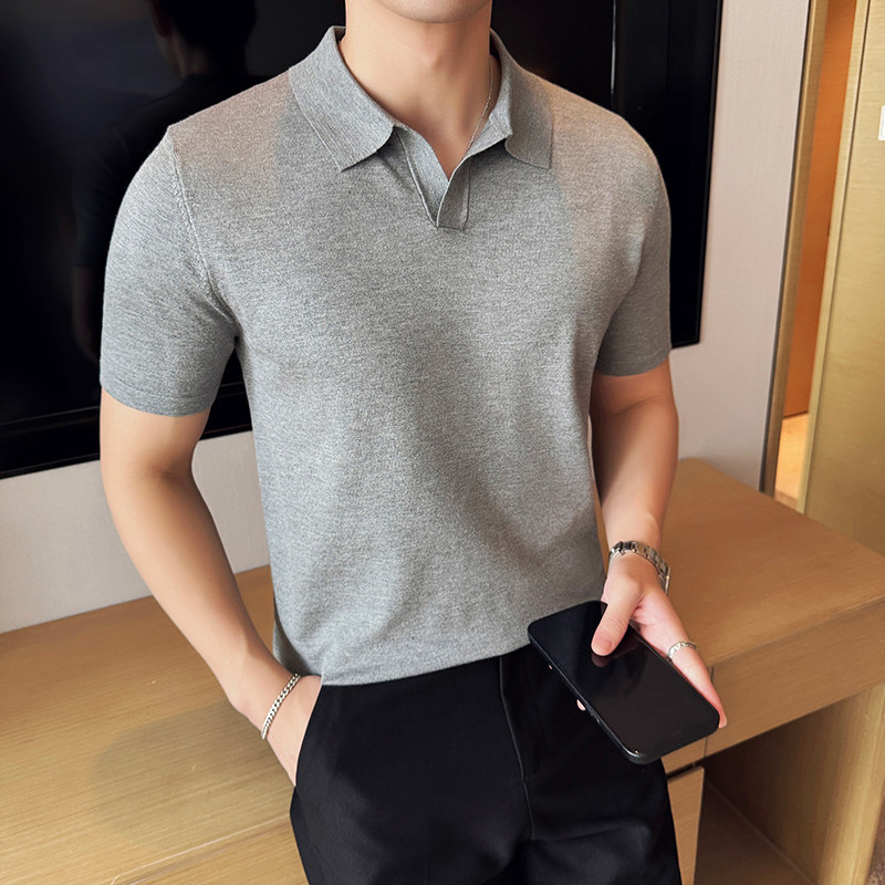 夏季冰丝薄款V领针织短袖Polo衫男纯色翻领T恤宝蓝色PL8925-P53图片