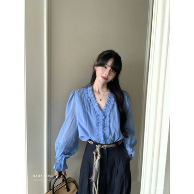 DARA ROSE-特设计款重工法式木耳边韩国蓝衬衣上衣小衫单卖上衣