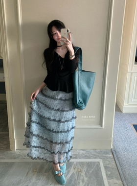 DARA ROSE-26年早春法式碎花蕾丝边拼接网纱高腰层层蛋半身裙